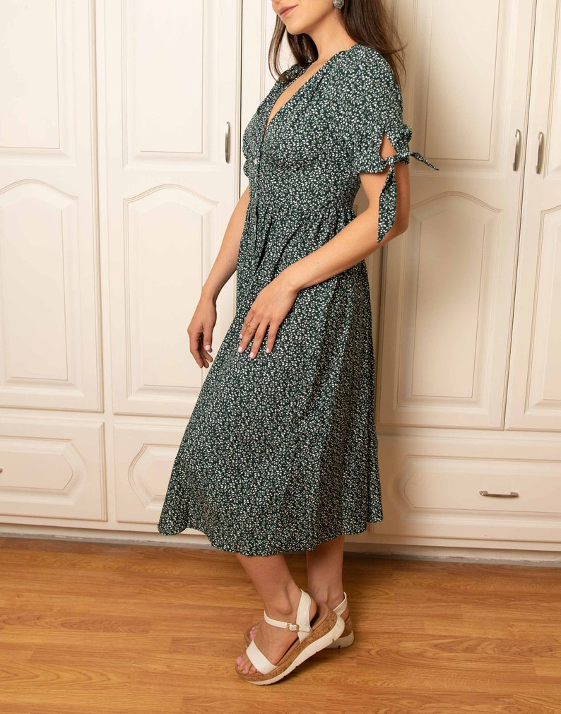 Side view of Tie Sleeve Button Front Midi Dress.