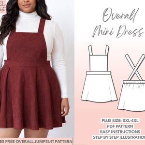 Patrón de costura para minivestido de talla grande Patrón de vestido mono Patrón de vestido de talla grande Patrón de vestido corto fácil para principiantes Vestido fácil para mujer PDF Vestido de talla curvilínea