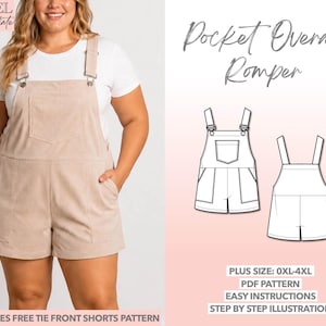 Patrón de costura de mono de talla grande con bolsillo de parche, mono de tallas grandes en PDF, patrón de mono de pana, tallas grandes