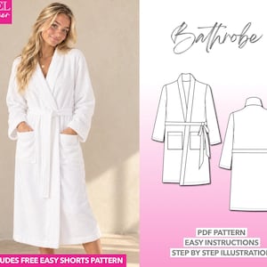 Patrón de costura fácil para bata de baño Patrón de bata de baño para principiantes en PDF Patrón de bata de baño cómoda para estar en casa Patrón de bata de casa Patrón de costura para bata de felpa