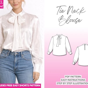 Blouse Sewing Pattern Tie Neck Blouse Elegant Women Pattern Puff Long Sleeve Workwear Top Office Wear Blouse Gigot Sleeve Outfit Poet Sleeve