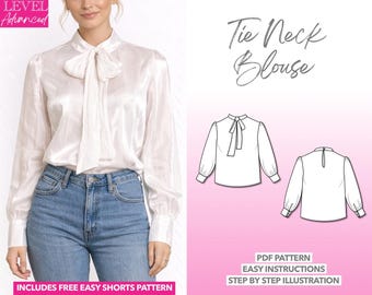 Blusmönster med knytkrage, eleganta kvinnor, mönster, puff, långärmad, arbetskläder, topp, kontorskläder, blus, gigotärm, outfit, poetärm