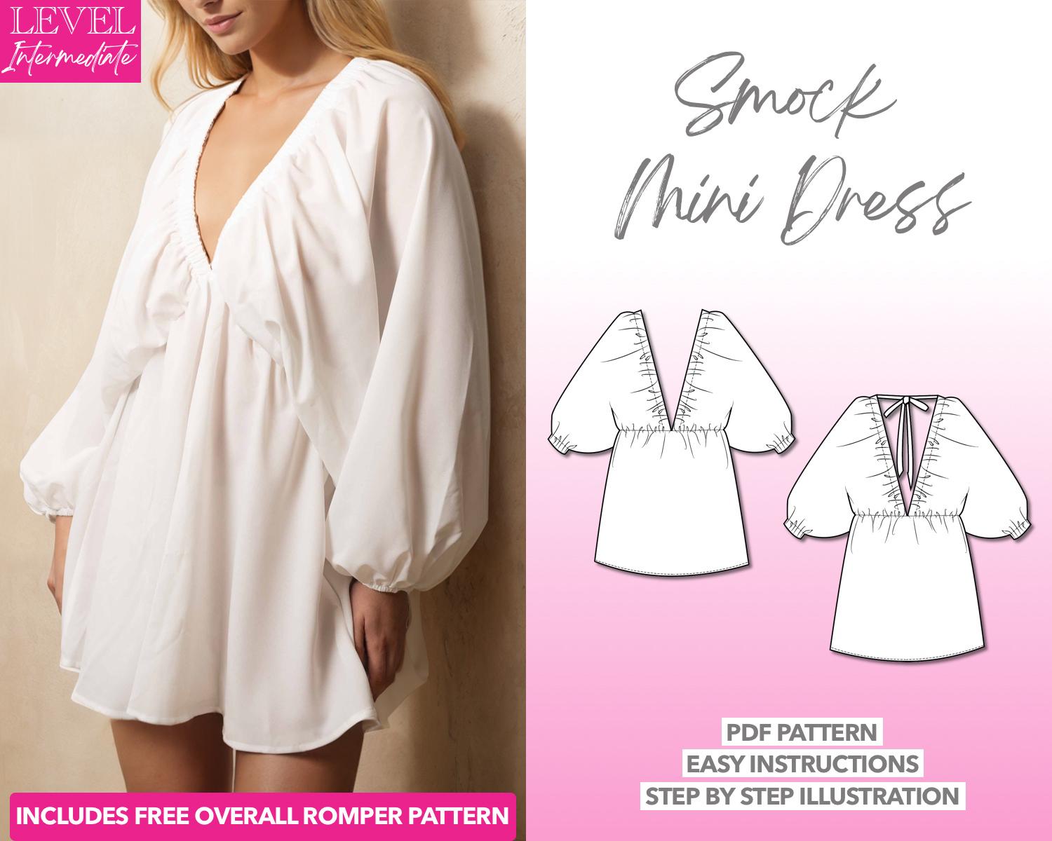 Smock Dress Sewing Pattern: Plunging Neck Lantern Sleeve