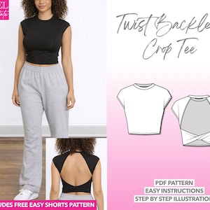 Twist Backless Crop Knit Tee Sewing Pattern: PDF Download (XS-XXXL) + Bonus Shorts Pattern