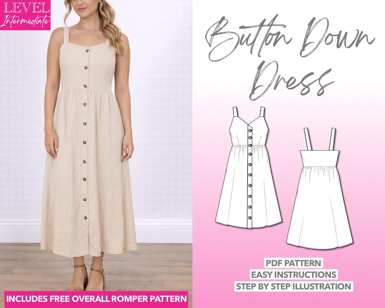 Button Down Dress pdf sewing pattern with easy instructions and step by step illustrations.