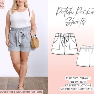 Plus Size Paperbag Shorts Sewing Pattern: Belted Patch Pocket Design (PDF Pattern 0XL-4XL)