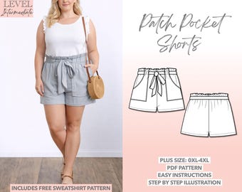 Plus Size Paperbag Shorts Sewing Pattern: Belted Patch Pocket Design (PDF Pattern 0XL-4XL)