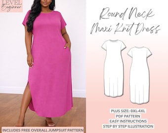 Plus Size Maxi Knit Dress Sewing Pattern: Round Neck (PDF Pattern)