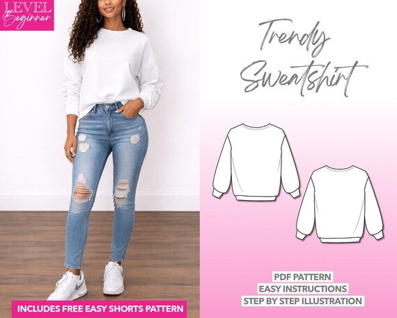 Sweatshirt Sewing Pattern, Women Sewing Pattern, Pullover PDF Pattern, Drop Shoulder Sweatshirt Sewing Pattern, Oversize Top Pattern Sweater