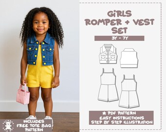 Conjunto de patrones de costura para pelele y chaleco de tirantes para niñas (3-7 años) (patrón en PDF)