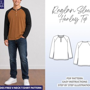 May include: A long-sleeve raglan Henley top with a brown torso and black sleeves, featuring a three-button placket. The image includes a technical line drawing of the front and back of the garment, with text reading "Level Intermediate," "Raglan Sleeve Henley Top," "PDF Pattern," "Easy Instructions," "Step by Step Illustration," and "Includes Free V-Neck T-Shirt Pattern."