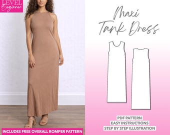 Patrón de costura para vestido largo de tirantes, tallas XS-XXXL (patrón PDF)