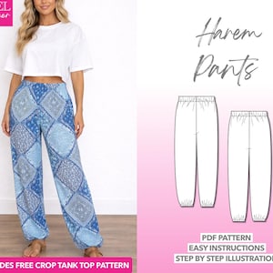 ハーレムパンツの縫製パターン：レディースラウンジウェア（PDFパターン、XS-XXXL）ボーナスクロップトップ