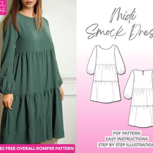 Midi Smock Dress Sewing Pattern: XS-XXXL (PDF Pattern) + Bonus Romper