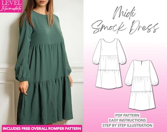 スーツ・フォーマル・ドレス andresd smocking patterns dress Midi Smock Dress Sewing Pattern: XS-XXXL (PDF Pattern) +