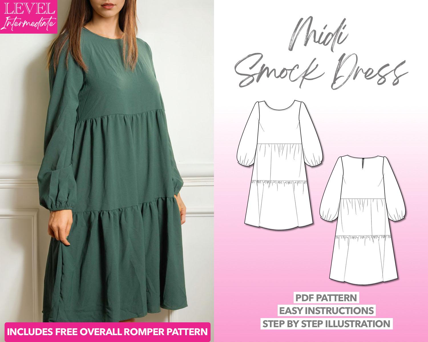 Dress Sewing Pattern Midi Smock Dress PDF Pattern Women