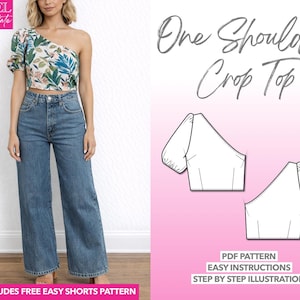 One Shoulder Crop Top Sewing Pattern: Puff Sleeve (PDF Pattern)