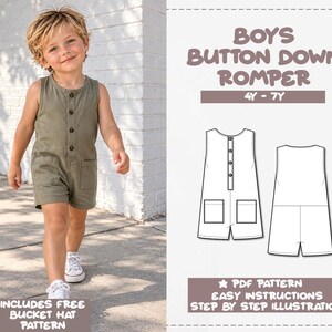 Könnte beinhalten: Ein ärmelloser olivgrüner Strampler mit durchgehender Knopfleiste vorne und zwei Vordertaschen. Das Bild enthält den Text BOYS BUTTON DOWN ROMPER 4Y - 7Y, PDF PATTERN, EASY INSTRUCTIONS, STEP BY STEP ILLUSTRATION und INCLUDES FREE BUCKET HAT PATTERN.