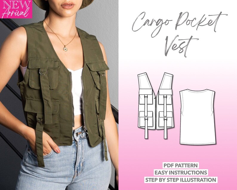 Cargo Pocket Vest pdf sewing pattern with easy instructions and step by step illustrations.