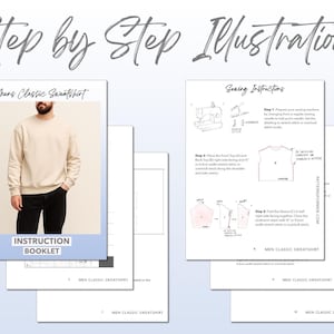 Mens Classic Sweatshirt sewing pattern instruction booklet showing step by step illustrations to make the garment.