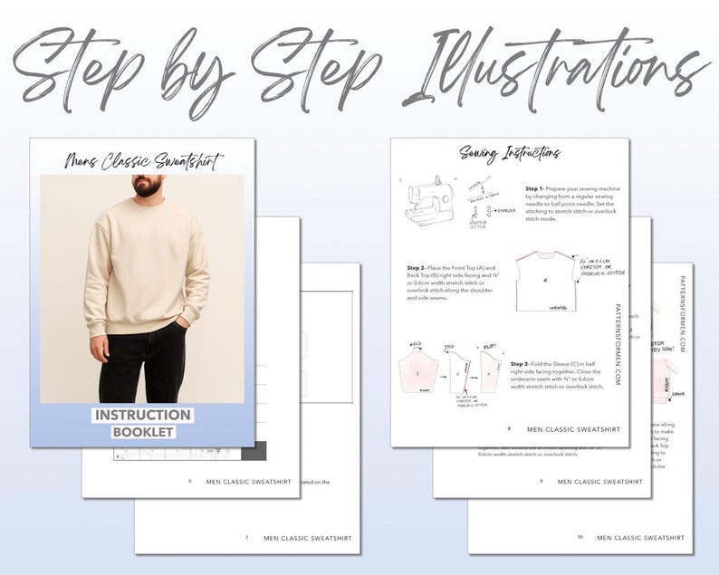 Mens Classic Sweatshirt sewing pattern instruction booklet showing step by step illustrations to make the garment.