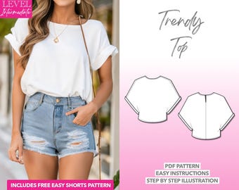 Top Sewing Pattern Trendy Top Pattern Oversized Top Sewing Pattern Women Top Pattern Easy PDF Pattern Batwing Short Sleeve Top PDF Pattern