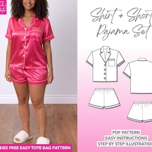 Patrón de costura para pijama: Camisa con cuello y pantalones cortos (patrón PDF, tallas XS-XXXL)