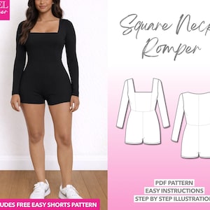 Square Neck Romper Sewing Pattern: Long Sleeve Jumpsuit (PDF Pattern XS-XXXL)