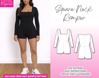 Square Neck Romper Sewing Pattern: Long Sleeve Jumpsuit (PDF Pattern XS-XXXL)