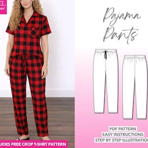 Patrón de costura para pantalones de pijama: Pantalones de dormir para mujer (PDF, tallas XS-XXXL) + Top corto de regalo