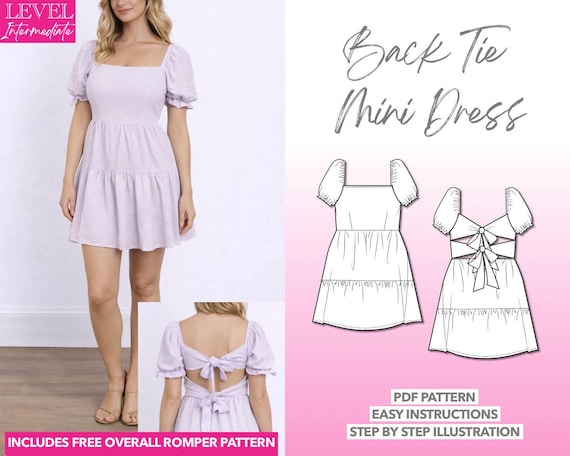 Back Tie Puff Sleeve Mini Dress Sewing Pattern (PDF Pattern) - Etsy Back Tie Puff Sleeve Mini Dress Sewing Pattern (PDF Pattern) - Etsy