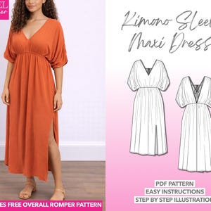 Kimono Sleeve Maxi Dress Sewing Pattern: Easy Tie-Back Design (PDF Pattern XS-XXXL)