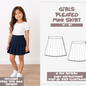 May include: A navy blue pleated mini skirt pattern for ages 1Y-8Y. The image displays a child wearing the skirt with a white top, alongside a technical line drawing of the skirt design. Text includes GIRLS PLEATED MINI SKIRT, PDF PATTERN, and EASY INSTRUCTIONS.