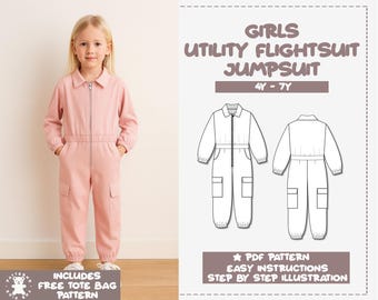 Girls Cargo Flightsuit Jumpsuit Sewing Pattern (PDF Download, Sizes 4Y-7Y)