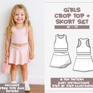 Girls Crop Top & Skort Sewing Pattern PDF (Sizes 4Y-7Y) + Bonus Tote Bag