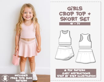 Molde de costura para top curto e saia-calça para meninas em PDF (tamanhos 4 a 7 anos) + bolsa bônus