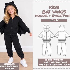 Puede incluir: Una sudadera negra con cremallera, mangas de alas de murciélago y pantalones a juego, con capucha y orejas. El texto dice: KIDS BAT WINGS HOODIE + SWEATPANTS 1Y - 8Y, PDF PATTERN, EASY INSTRUCTIONS, STEP BY STEP ILLUSTRATION, INCLUDES FREE TOTE BAG PATTERN.