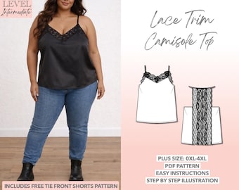 Schnittmuster für ein Camisole-Top in großen Größen, Spitzentop-Schnittmuster, PDF-Schnittmuster für ein Spitzen-Camisole-Top, für kurvige Frauen, Camisole-Schnittmuster, Spaghettiträger-Top