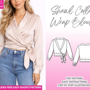 Blouse naaipatroon, elegant damestoppatroon, blouse met sjaalkraag, wikkelblousepatroon (PDF), wikkelblousepatroon, werkkledingpatroon, kantooroutfit