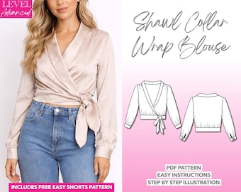 Blouse Sewing Pattern Elegant Women Top Pattern Shawl Collar Blouse Wrap Top PDF Pattern Wrap Blouse Pattern Workwear Pattern Office Outfit