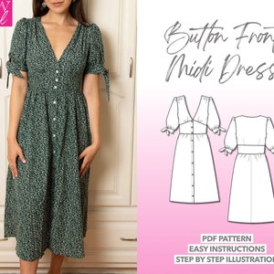 Tie Sleeve Button Front Midi Dress pdf sewing pattern with easy instructions and step by step illustrations.