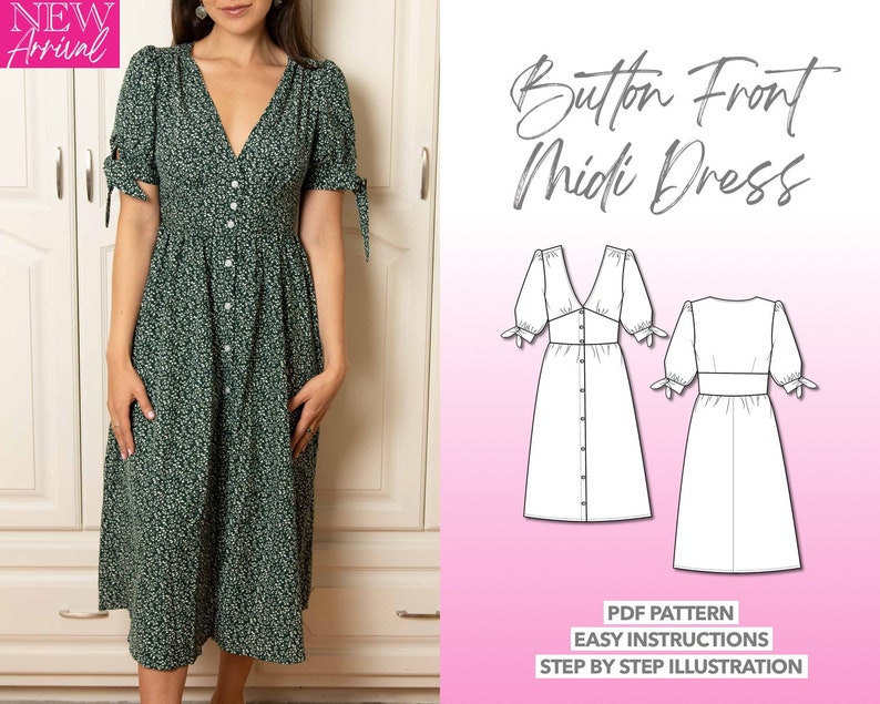 Tie Sleeve Button Front Midi Dress pdf sewing pattern with easy instructions and step by step illustrations.