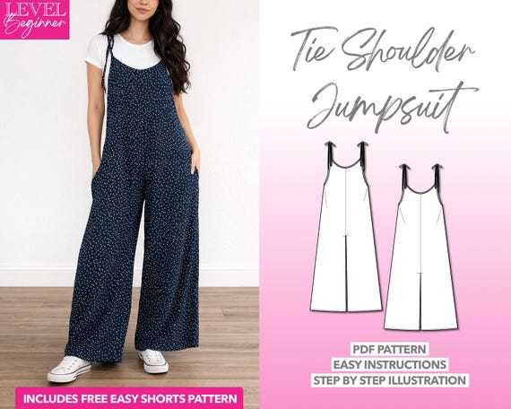 Tie Shoulder Jumpsuit Sewing Pattern: Easy PDF Download (XS-XXXL)