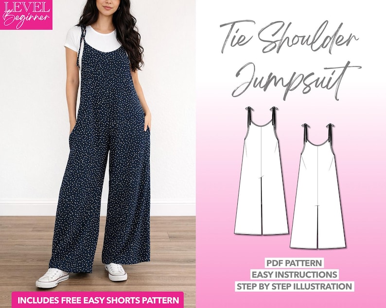 Tie Shoulder Jumpsuit pdf sewing pattern with easy instructions and step by step illustrations.