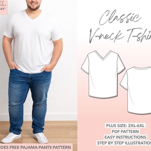 Plus Size Herren V-Neck T-Shirt Schnittmuster (2XL-6XL) (PDF-Muster)