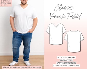 Patrón de costura para camiseta de cuello en V para hombre, talla grande (2XL-6XL) (Patrón PDF)