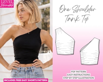 May include: A black one-shoulder tank top with a cropped hemline. The image includes text reading Level Intermediate, One Shoulder Tank Top, PDF Pattern, Easy Instructions, Step By Step Illustration, and Includes Free Easy Shorts Pattern.