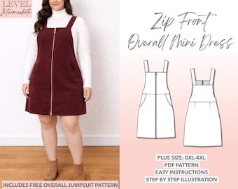 Plus Size Mini Overall Dress Sewing Pattern: Zip Front, Pockets (PDF Pattern 0XL-4XL)