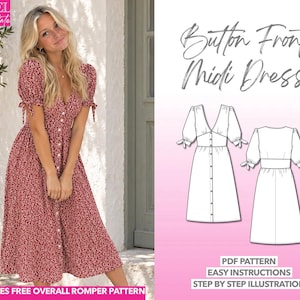 Midi-Kleid-Schnittmuster, Kleid mit Bindeärmeln und Knopfleiste vorne, Damen-Schnittmuster, Midi-Kleid-PDF-Schnittmuster, Freizeitkleid, Sommerkleid