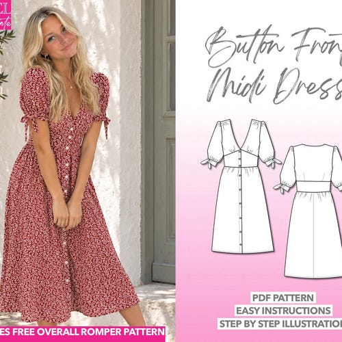 Midi Dress Sewing Pattern Tie Sleeve Dress Button Front Dress Pattern Women Sewing Pattern Midi Dress PDF Pattern Casual Day Dress Sundress
